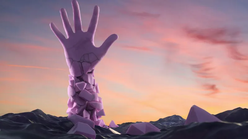 A virtual hand rising out of water-like substance, the hand disintegrating.