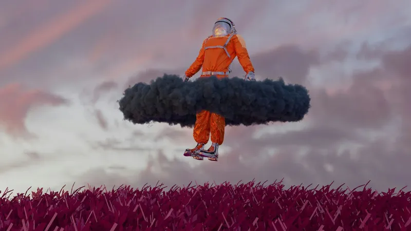 An astronaut-like figure floating in a weird low cloud over a wheat field.