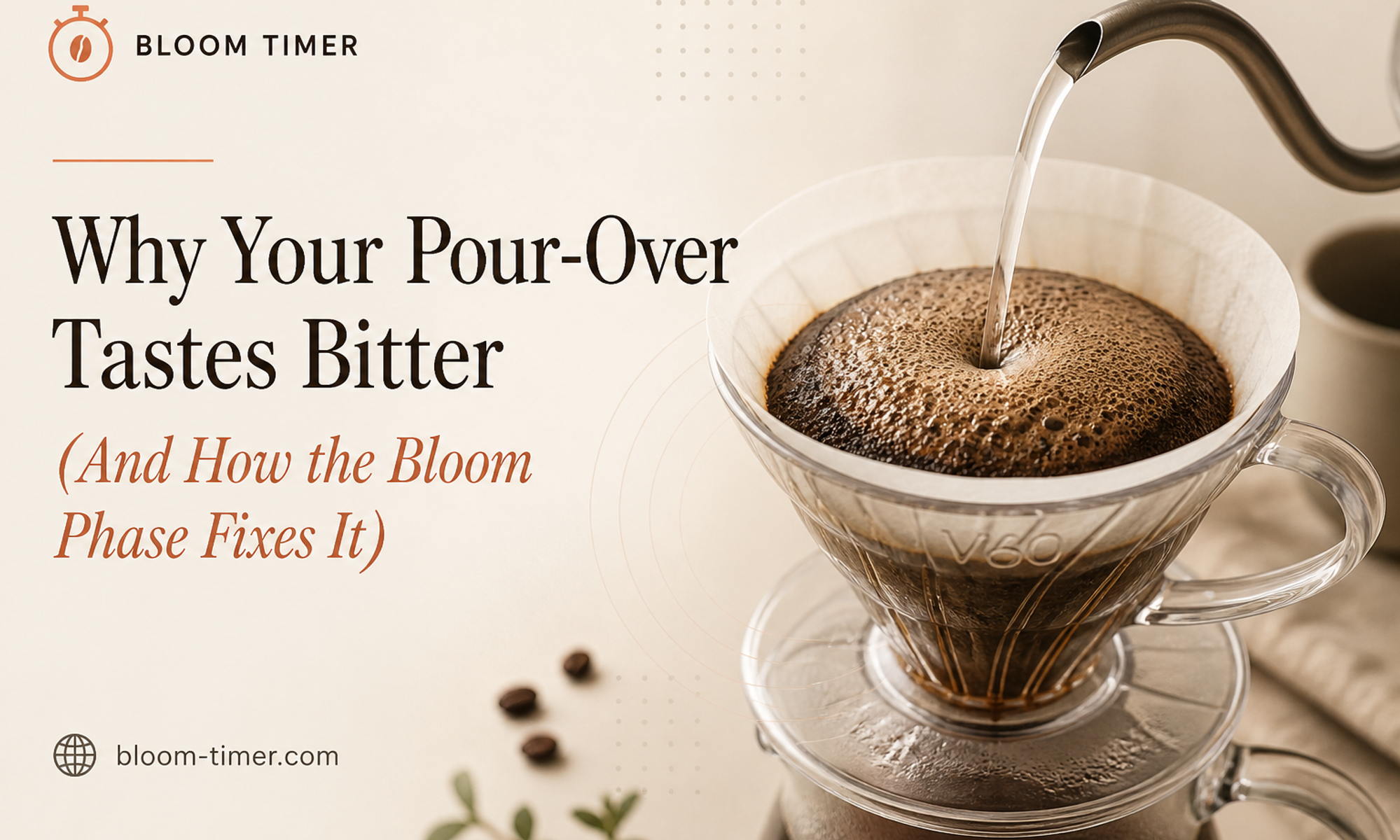 Hot water blooming over fresh coffee grounds in a V60 dripper