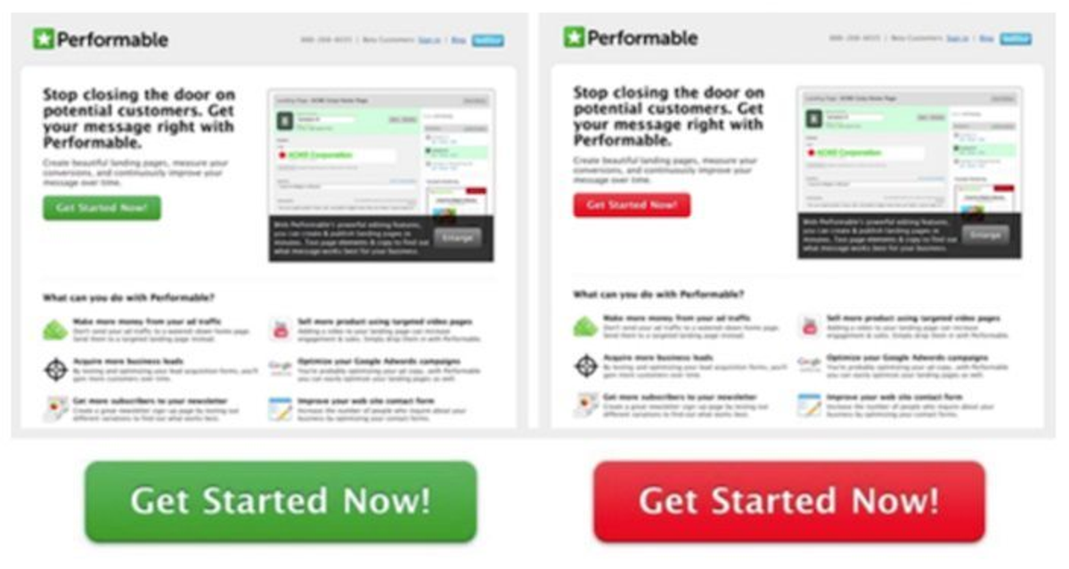 The red button outperformed green by 21% | Source: https://instapage.com/blog/landing-page-colors-influence-on-landing-pages/