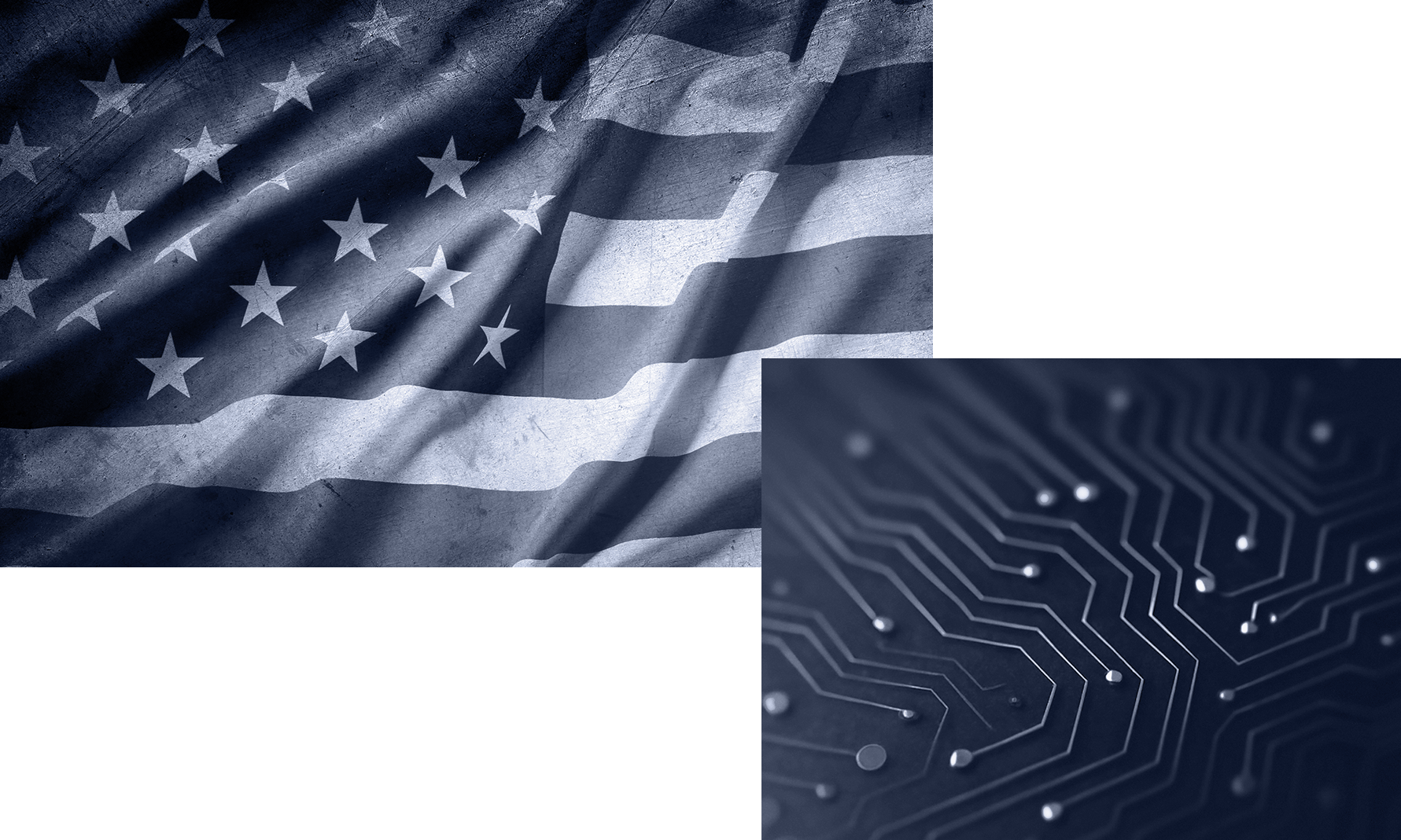 Image American flag and a computer circuit board, both in blue tones.