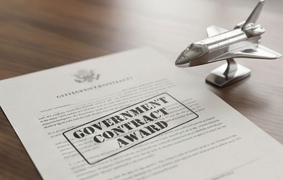 Government contract award document with a space shuttle model on a wooden desk.