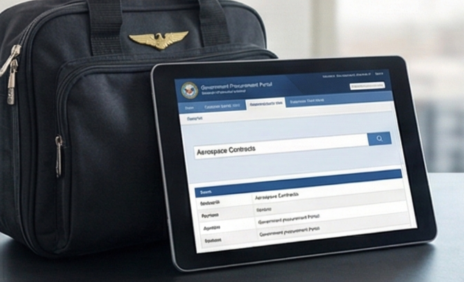 Tablet displaying "Aerospace Contracts" with a black bag next to it with eagle logo.