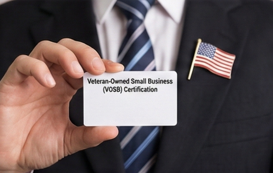 Man in suit holds "Veteran-Owned Small Business (VOSB)" card with US flag pin on lapel.