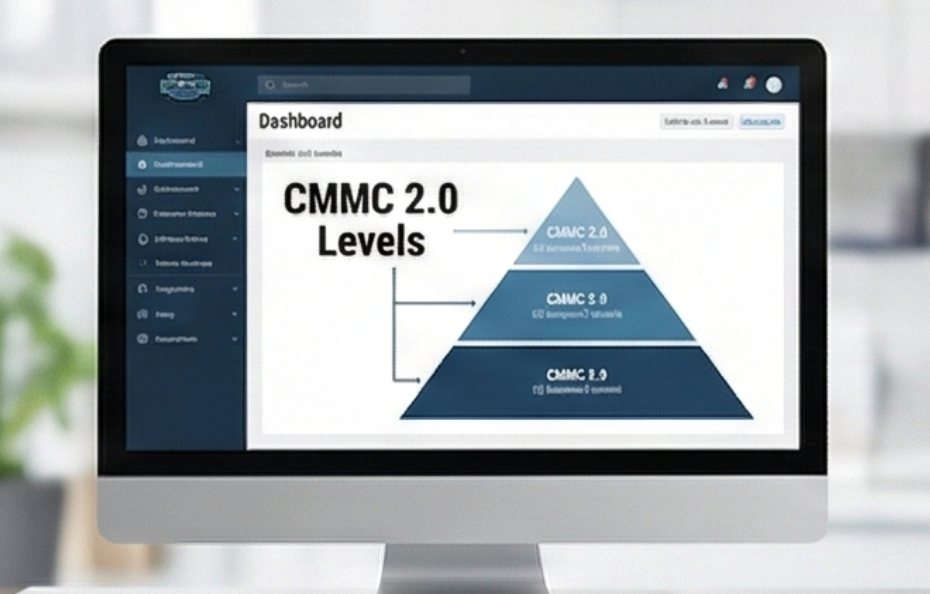 Computer screen displaying a dashboard with a CMMC 2.0 Levels pyramid graphic.