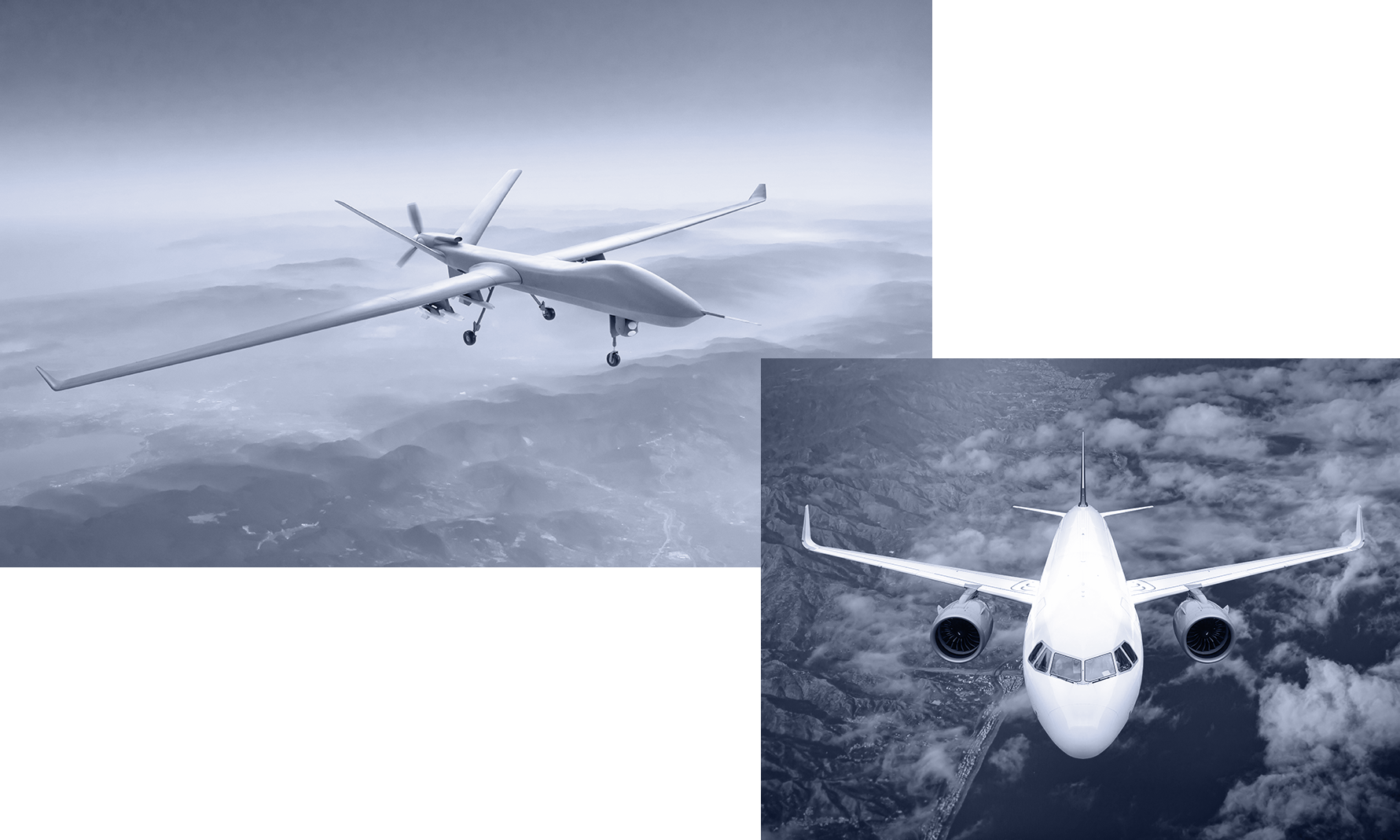 Two airplanes flying over mountainous landscapes. A drone on the left, a commercial plane on the right. Both in shades of ...
