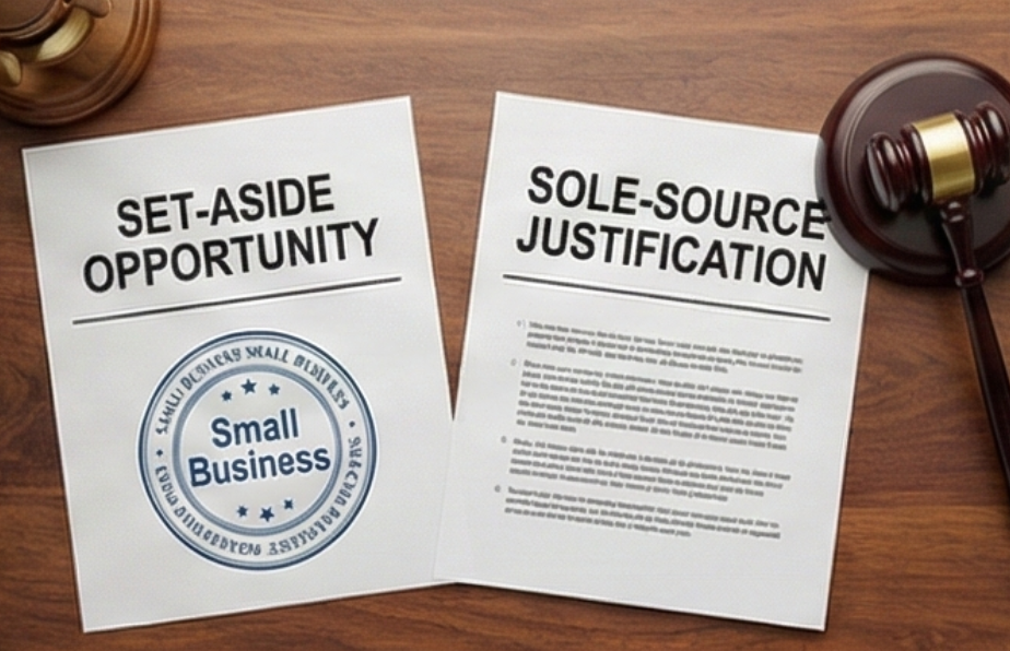 Legal documents: "Set-Aside Opportunity" with a "Small Business" seal, and "Sole-Source Justification" next to a gavel.