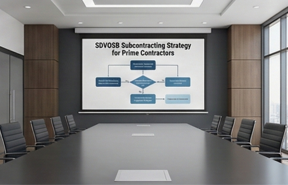 Conference room with a large table, chairs, and a presentation screen showing "SDVOSB Subcontracting Strategy."