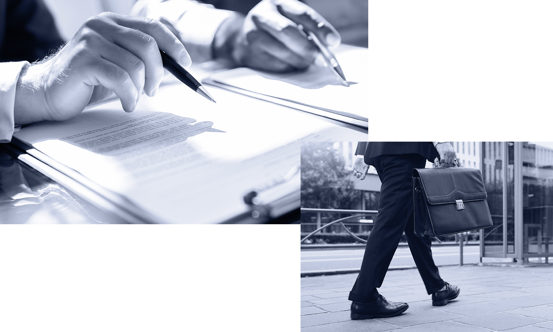 Image Business scene: Hands signing documents, briefcase-carrying person walking.