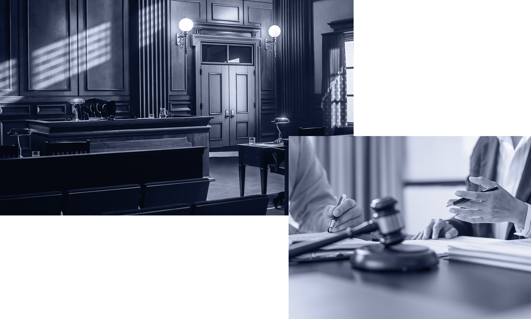 Monochrome scene of a courtroom with a gavel, lawyers, and paperwork.
