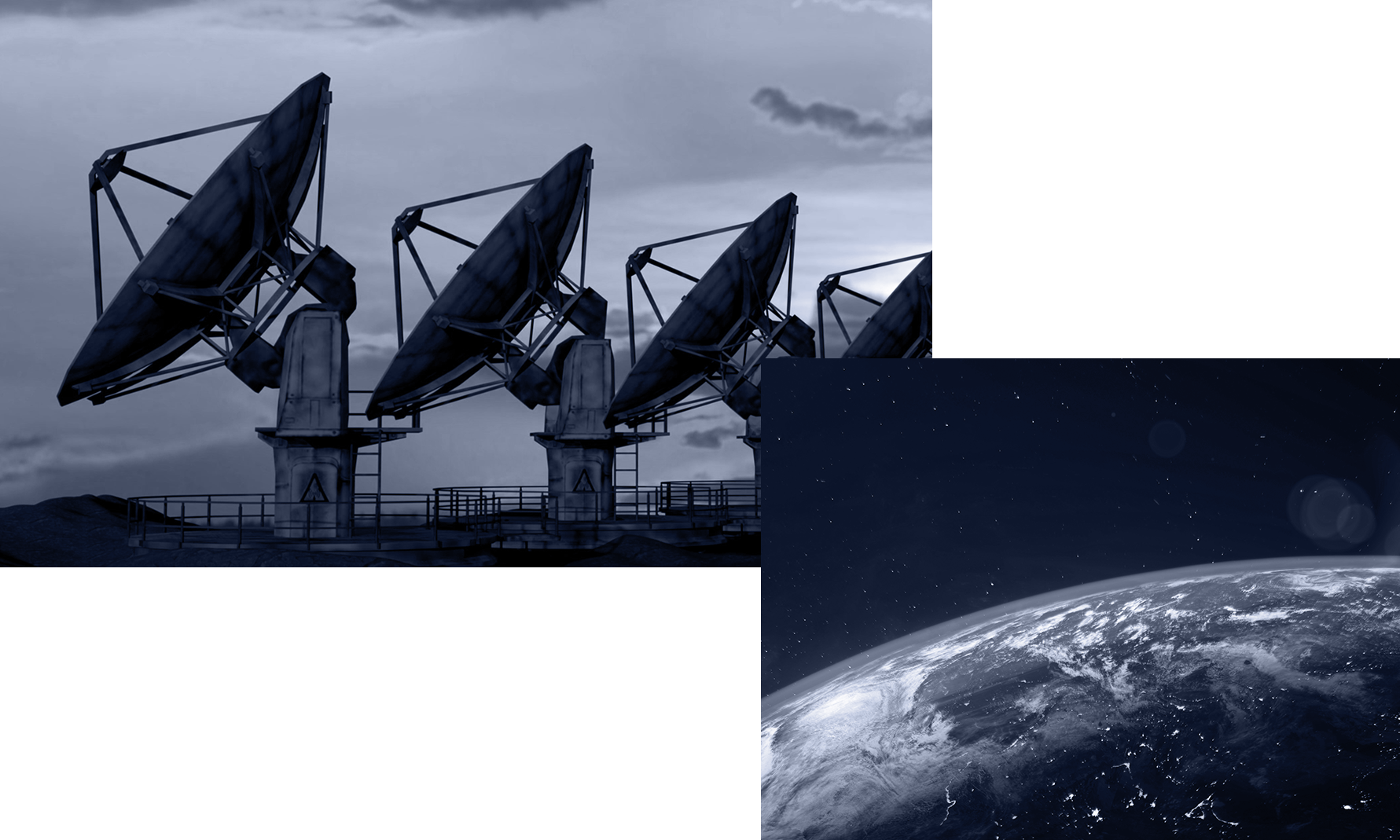 Radio telescope array contrasts with Earth from space, suggesting communication or surveillance. Monochromatic palette.
