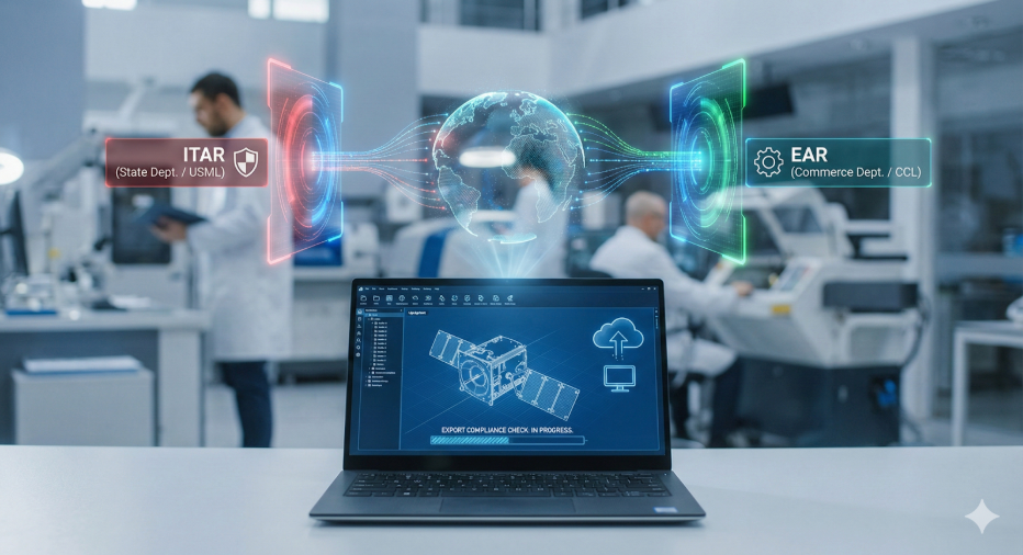 Laptop shows satellite design undergoing export compliance check, guarded by ITAR and EAR regulations. Lab setting.