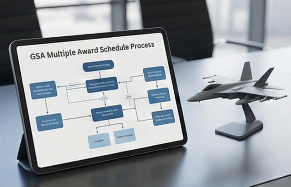 Tablet displaying a GSA process flow chart sits on a table next to a gray model of a fighter jet.