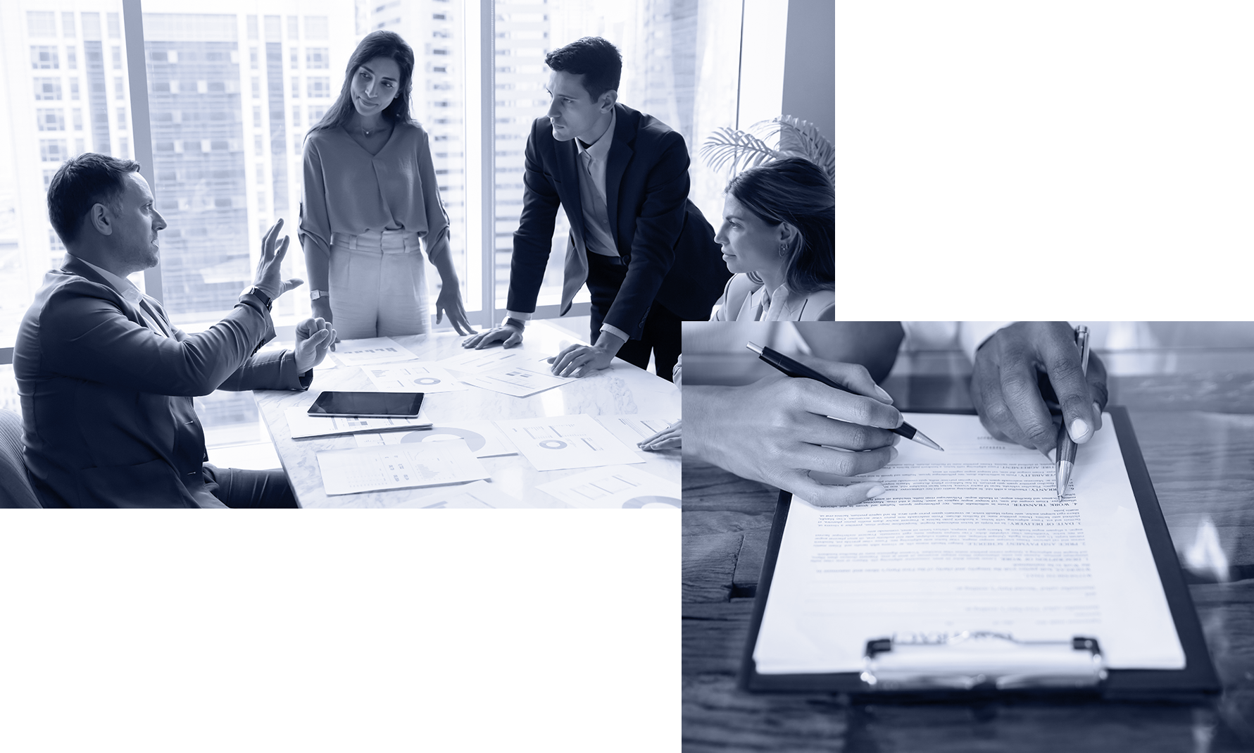 Image Business meeting at a table with charts, and hands signing a contract. Office setting.