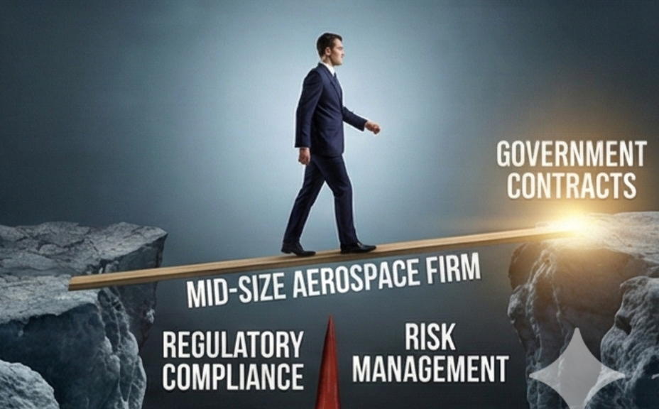 Business man walking a plank bridge labeled "Mid-Size Aerospace Firm" between "Regulatory Compliance" & "Government Contra...