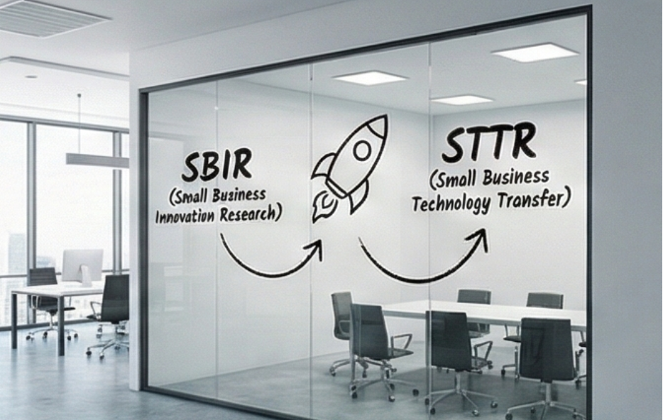 Office glass wall with "SBIR" and "STTR" text, rocket drawing, and curved arrows connecting them. Meeting room visible.