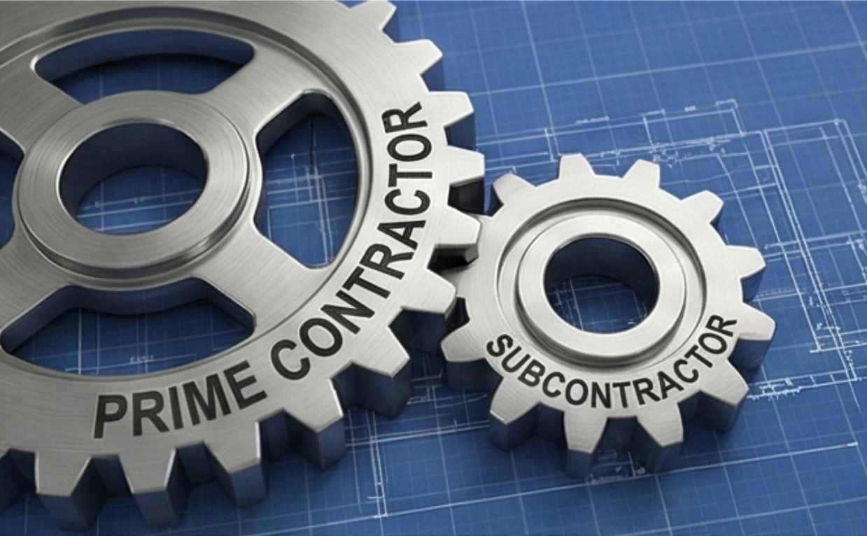 Gears with "Prime Contractor" and "Subcontractor" on a blueprint background.