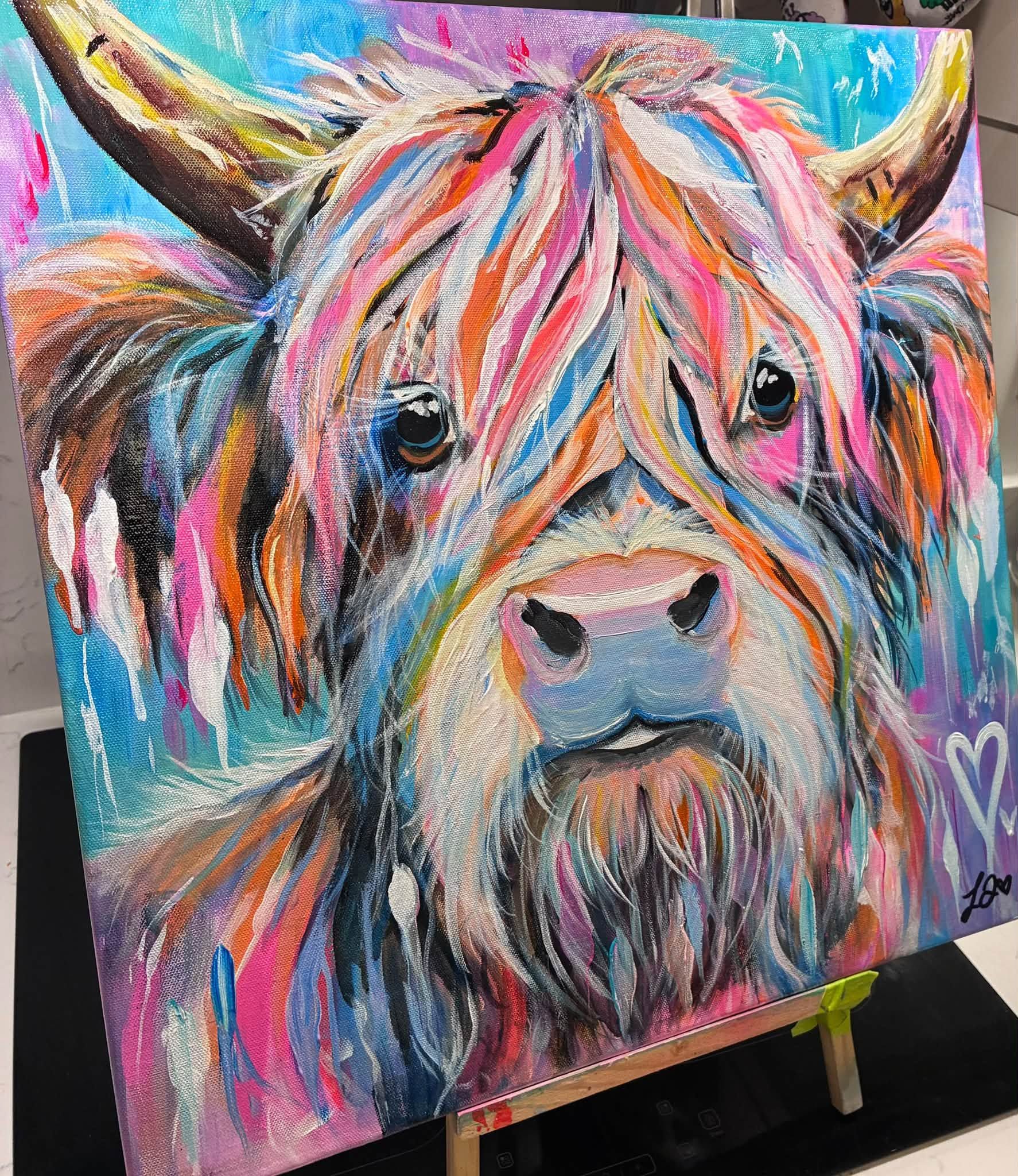 Close-up detail of the Angus Has Notions acrylic painting, focusing on the highland cow's face and colourful textured brushwork