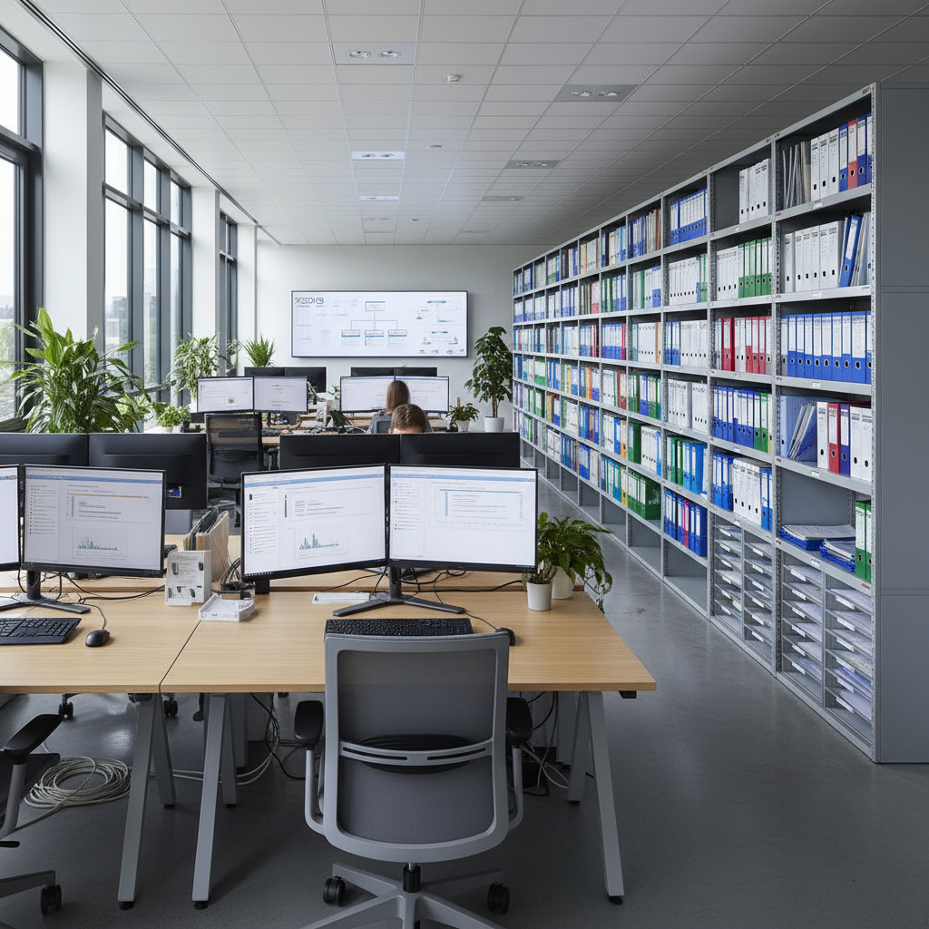 Well-organized office or quality control area with document filing system, clearly labeled records, digital documents on computer screens, and systematic storage