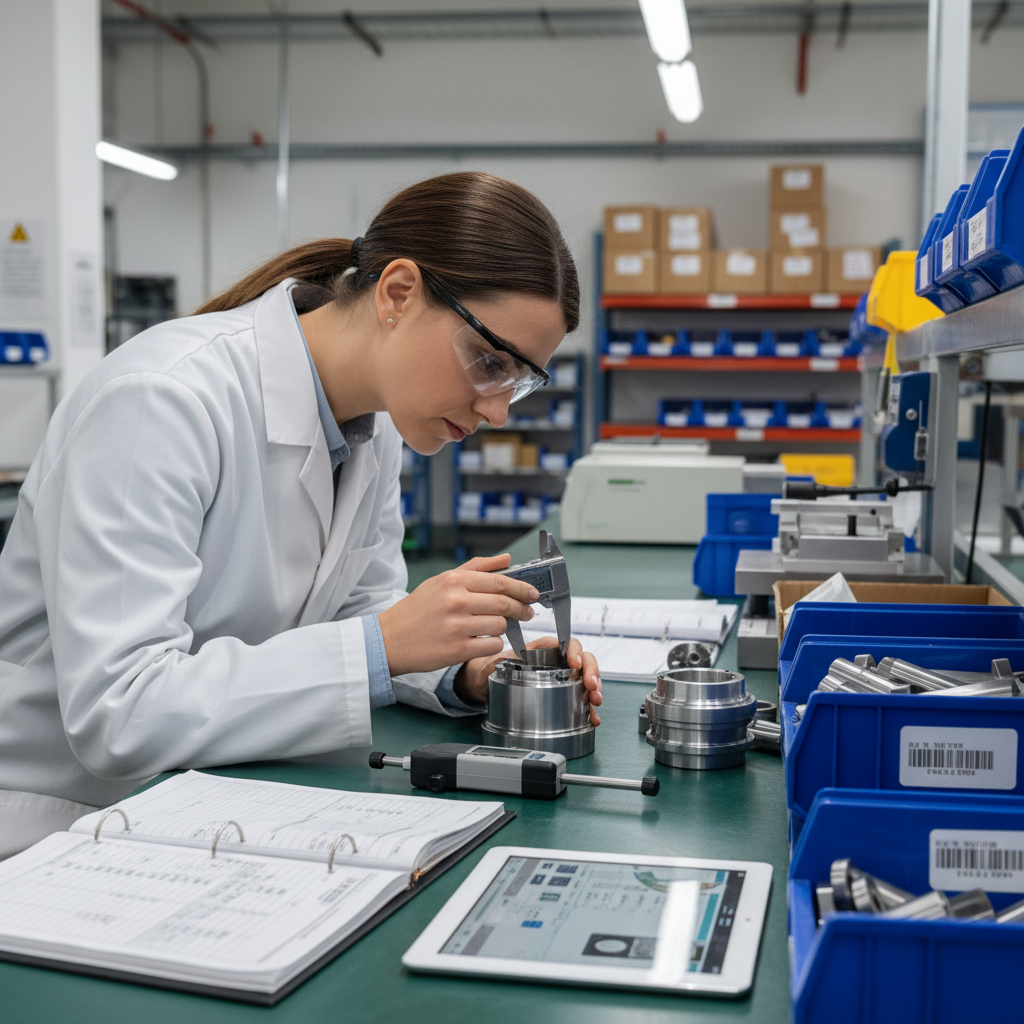 Quality control technician inspecting finished parts using precision measuring instruments, with documented inspection records and traceability systems visible