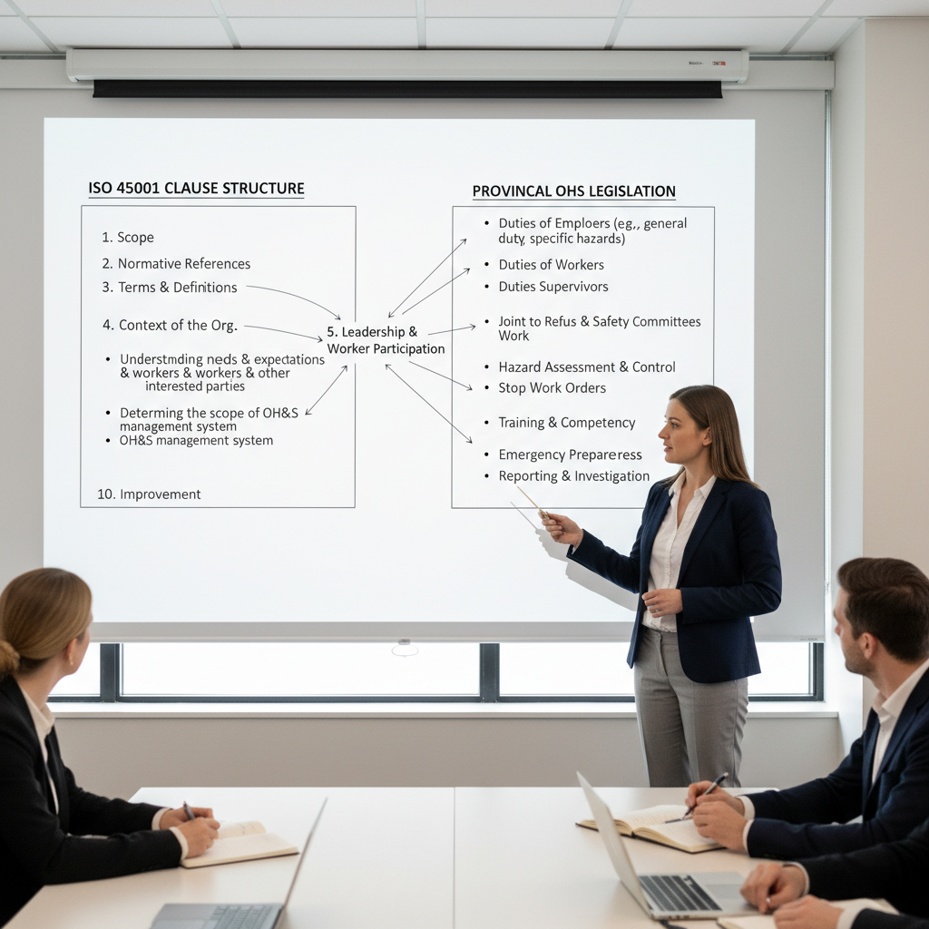 A side-by-side comparison diagram in a conference room setting showing a whiteboard with ISO 45001 clause structure on one side and provincial OHS legislation requirements on the other, with a compliance consultant pointing to alignment points during a training session