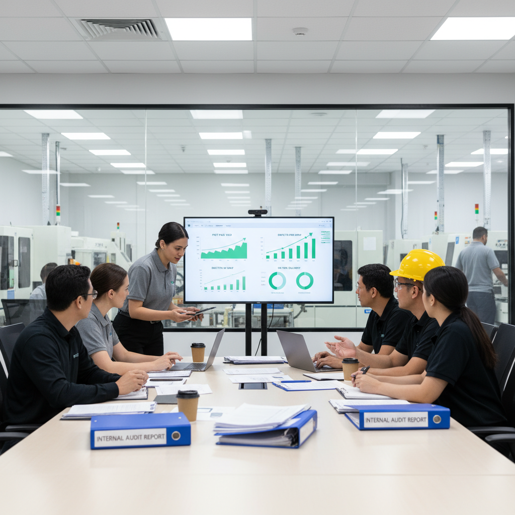 Photograph of a manufacturing team conducting a management review meeting in a plant-side conference room with quality performance dashboards displayed on a large monitor, printed audit reports on the table