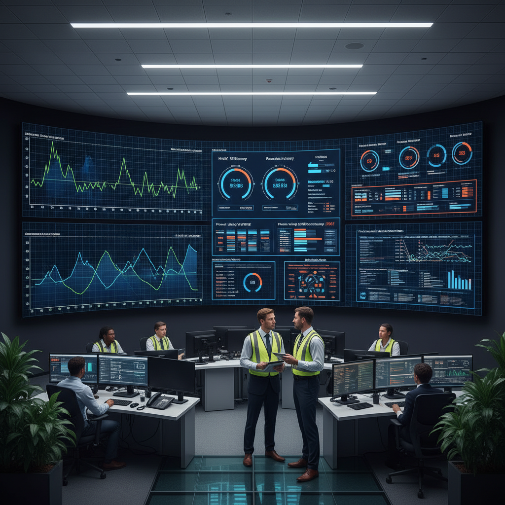 Photograph of a data monitoring centre showing a large display screen with real-time energy consumption graphs and facility performance metrics, with facility managers analyzing the data