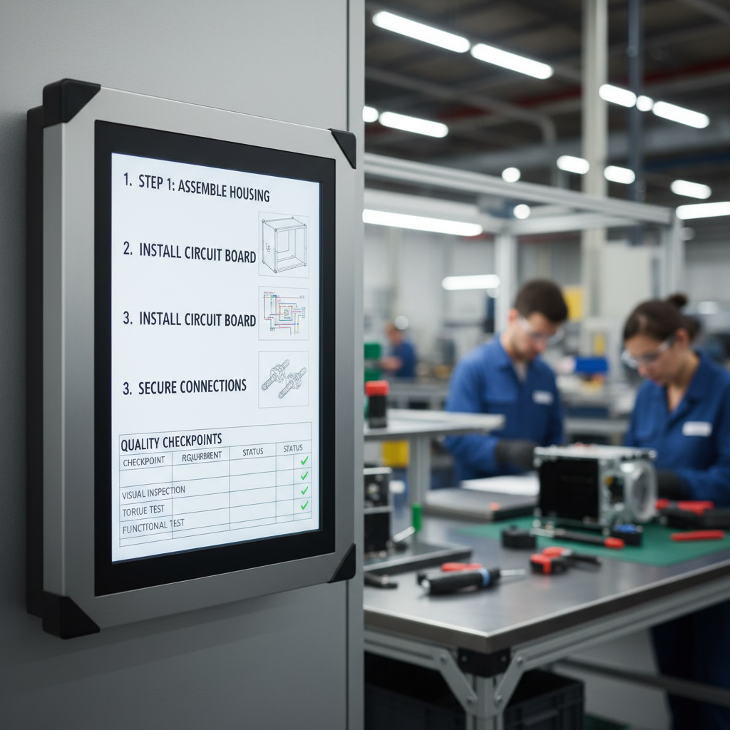 Close-up photograph of organized manufacturing documentation displayed on a wall-mounted digital kiosk near a production workstation, showing work instructions with diagrams and quality checkpoints