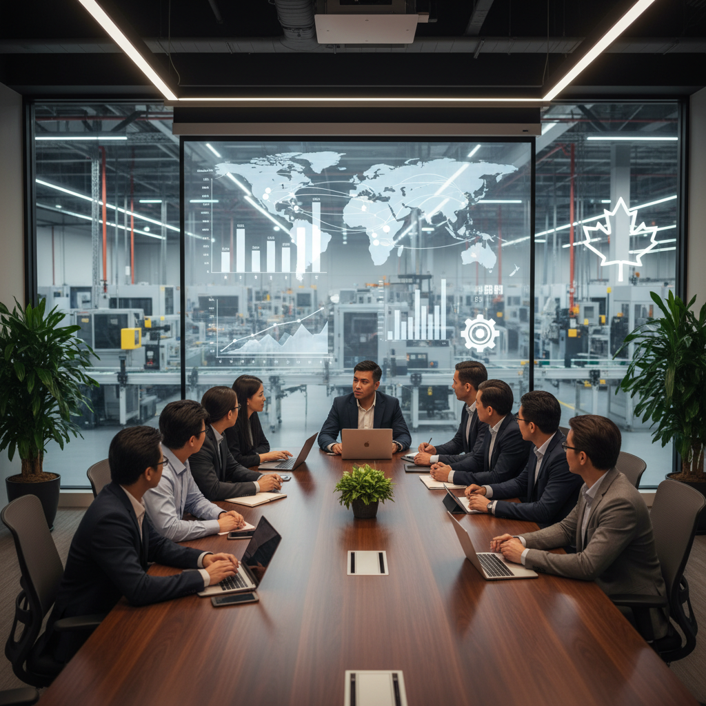 A boardroom meeting in a modern Canadian manufacturing company with diverse team members reviewing charts and supply chain maps projected on a screen, professional business environment