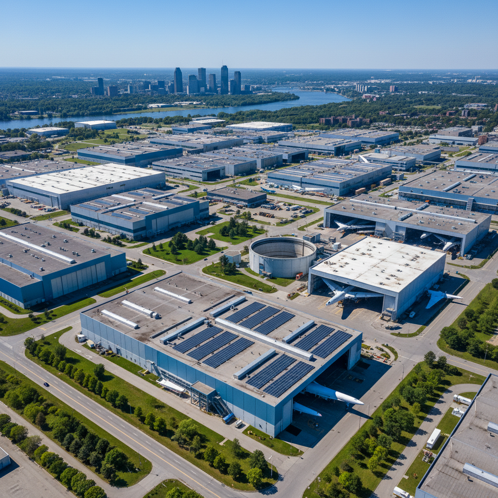Aerial view of a Montreal aerospace district with industrial buildings and factories visible, representing Canada's largest aerospace manufacturing hub in Quebec, clear day, photorealistic