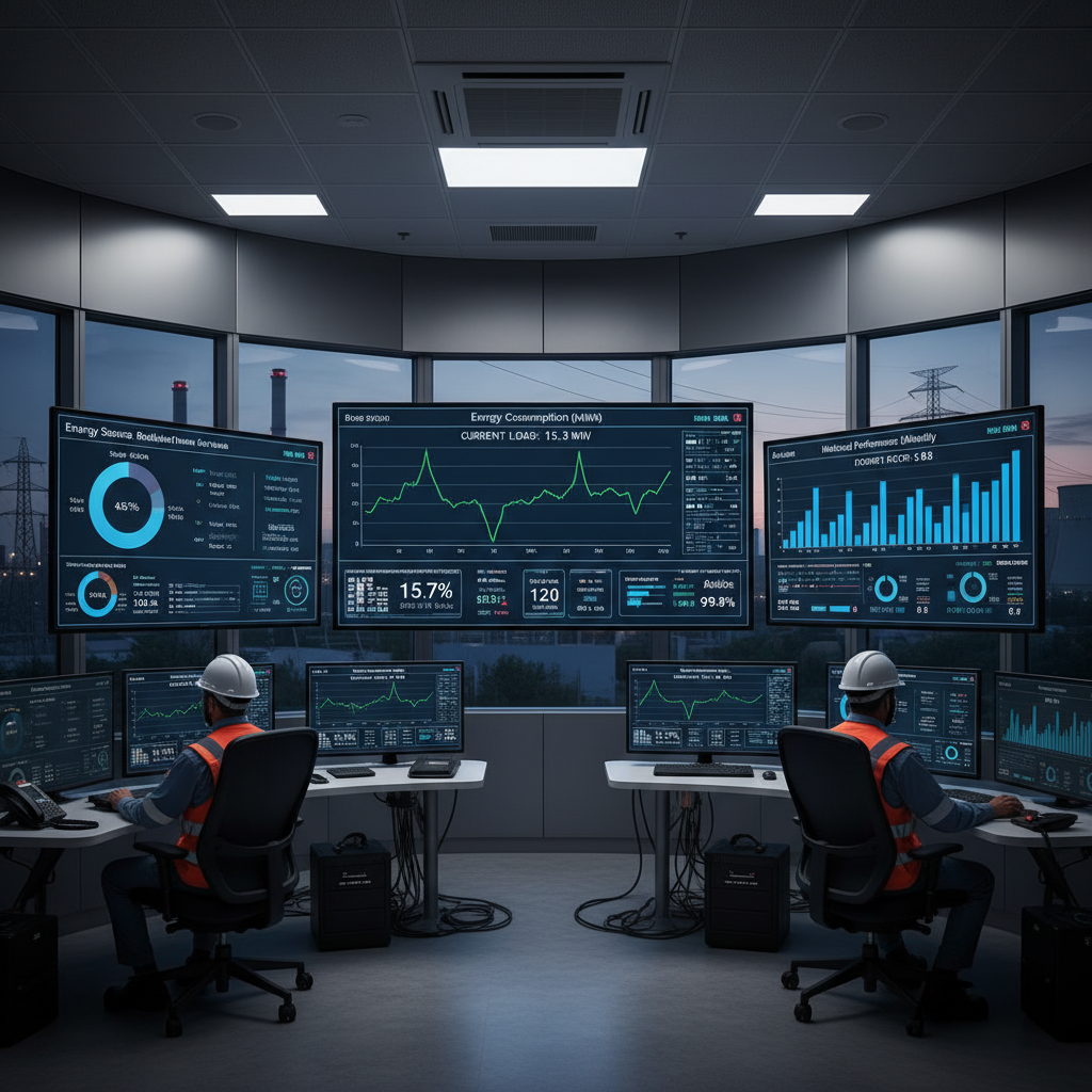 Photograph of an industrial facility's control room showing energy monitoring dashboards displaying real-time energy consumption data, charts, and performance metrics on multiple displays