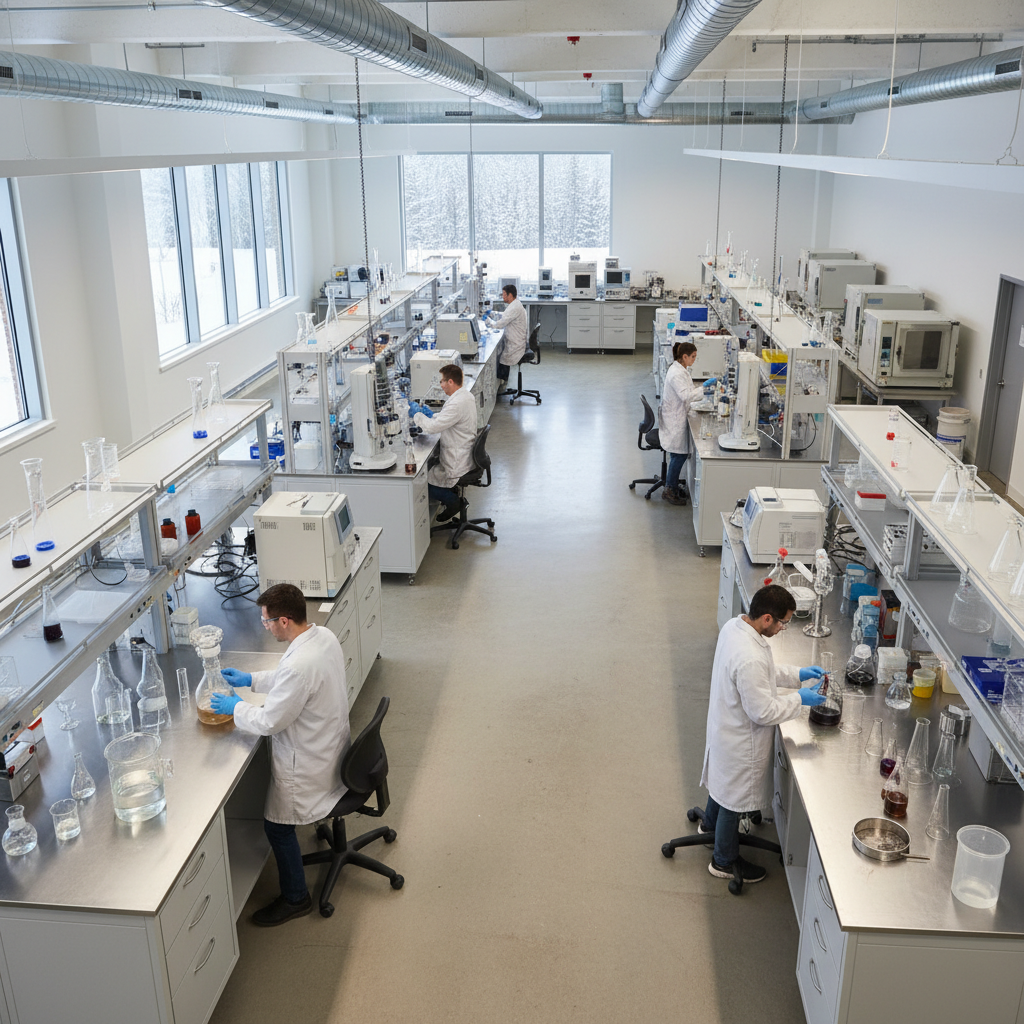 An overhead view of a modern environmental testing laboratory in Canada showing multiple workstations with analytical instruments, sample preparation areas, and technicians wearing safety equipment analysing water and soil samples