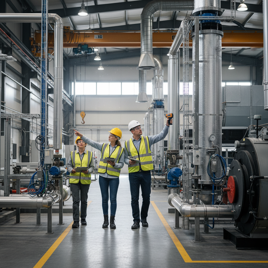 Photograph showing auditors conducting an on-site facility walk-through, examining industrial equipment with clipboards and measuring devices, inspecting a compressed air system or heating equipment