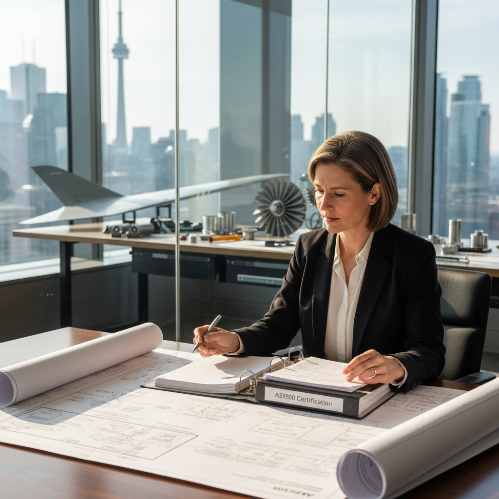 A quality manager reviewing AS9100 certification documents and process flowcharts in a modern Canadian aerospace office, aircraft parts visible on workbench in background, photorealistic
