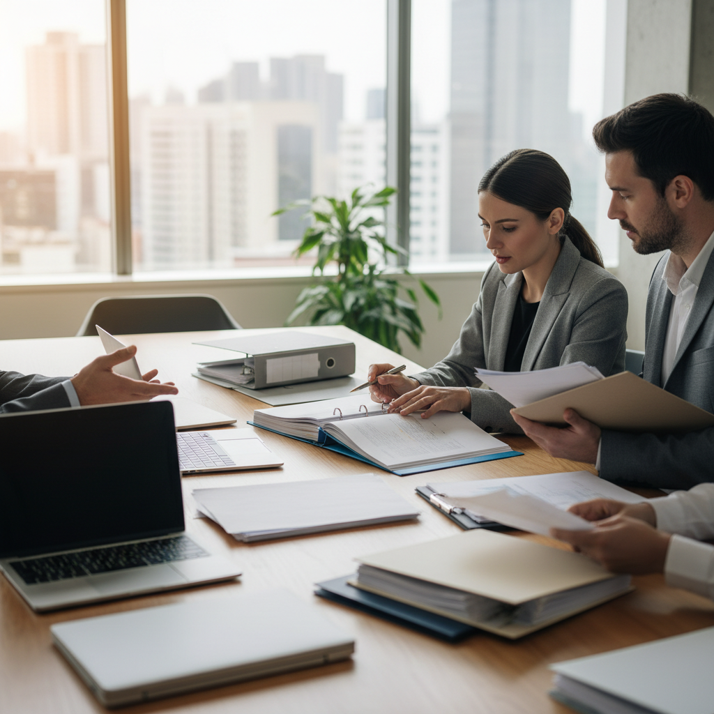 quality auditor reviewing a multi-page ISO 9001 internal audit checklist at a desk covered with manufacturing process documents