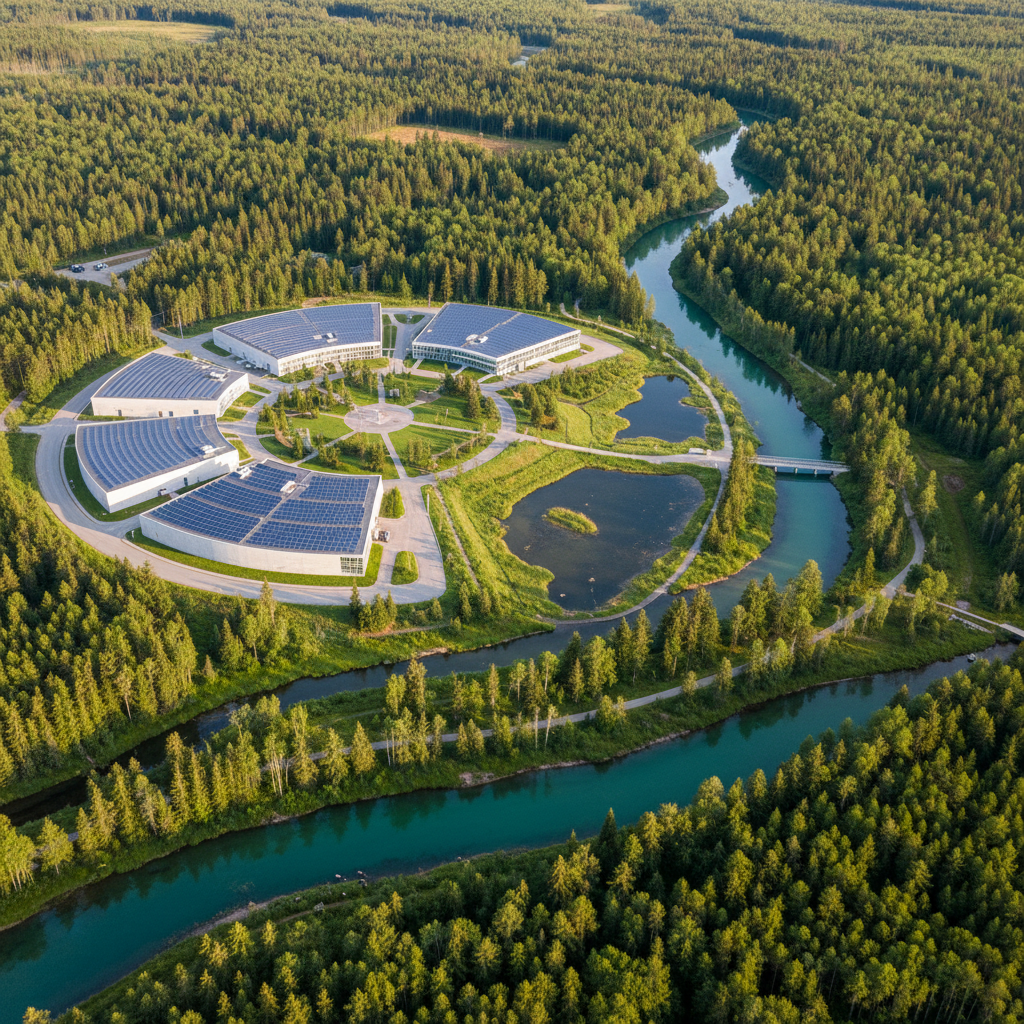 An aerial view of an industrial park surrounded by Canadian boreal forest and a river, showing the intersection of manufacturing and natural environment — representing environmental stewardship in Canadian industry