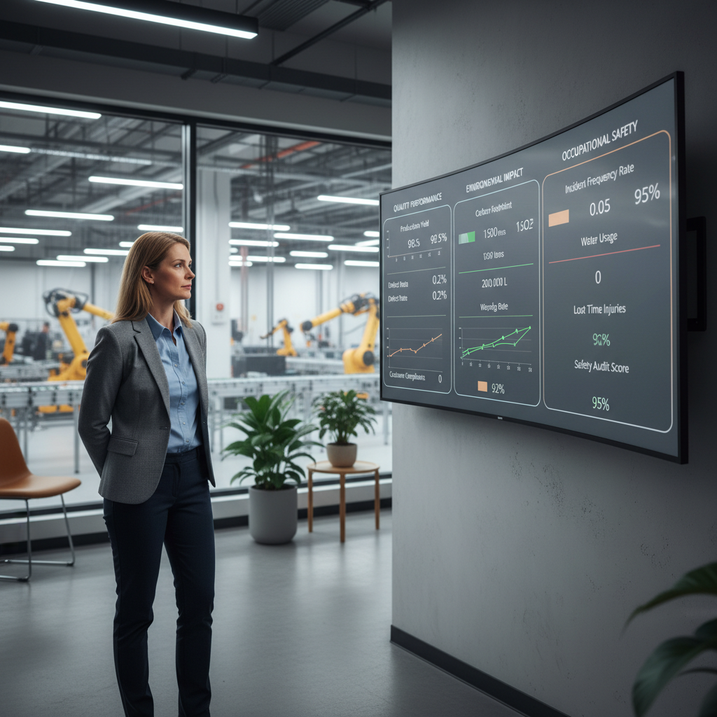 A manufacturing operations manager reviewing an integrated management system dashboard on a large monitor in a modern Canadian factory office, displaying real-time metrics for quality, environmental, and occupational safety performance indicators side by side