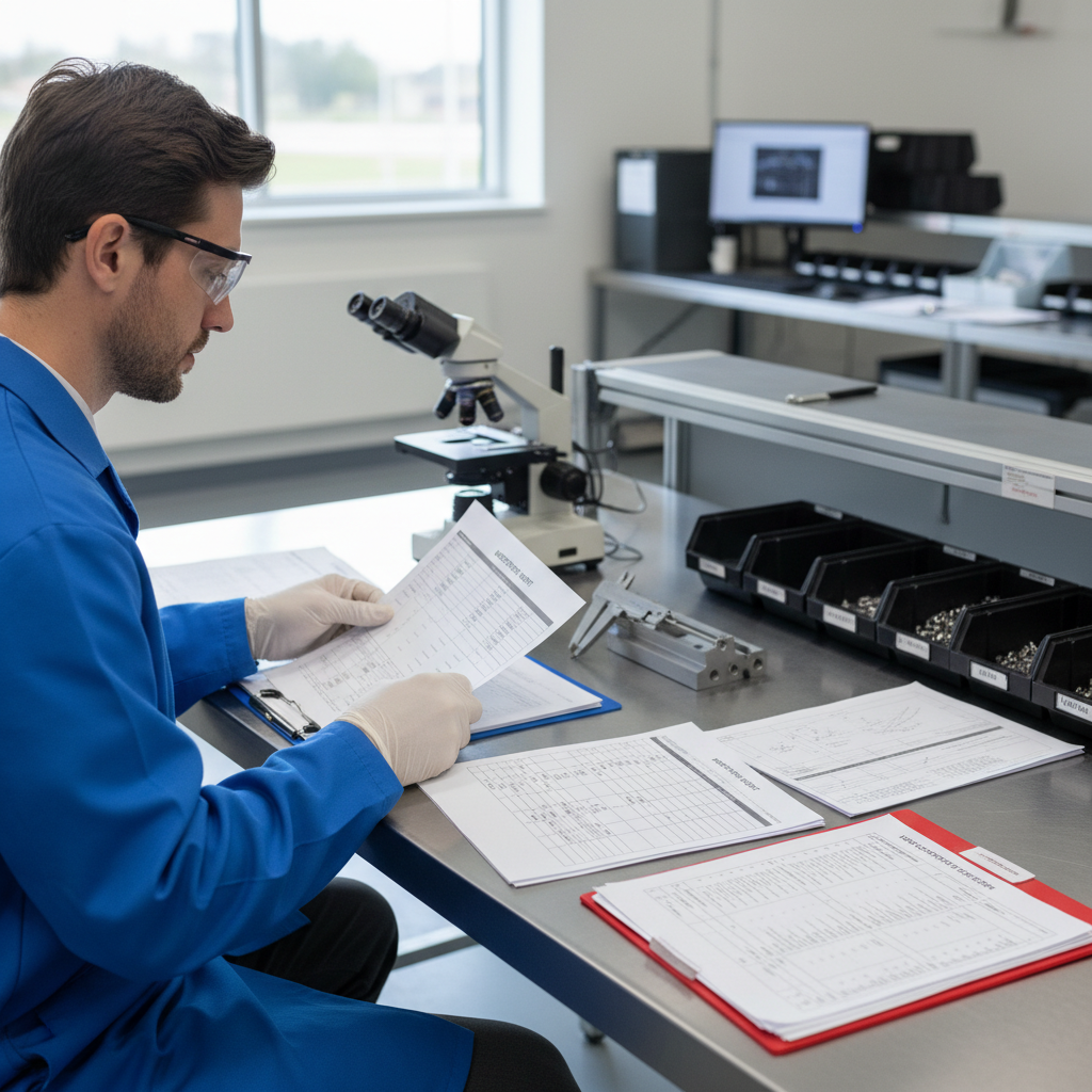 Employee working with quality control paperwork, inspection sheets, and non-conformance documentation at an organized inspection station