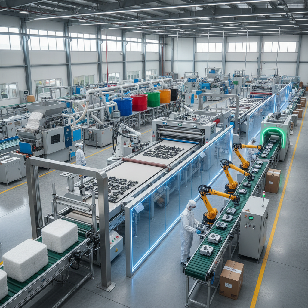 Production line showing process flow from raw materials through different manufacturing stages, with clear process boundaries and handoff points between workstations