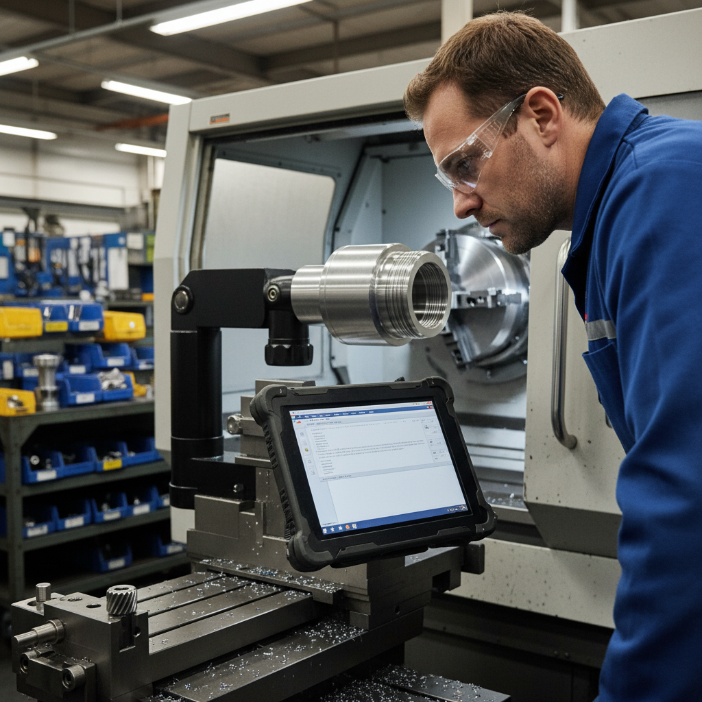 Photograph of a machinist at a CNC turning centre reviewing a digital work instruction on a shop floor tablet, with precision metal components visible in the machine chuck