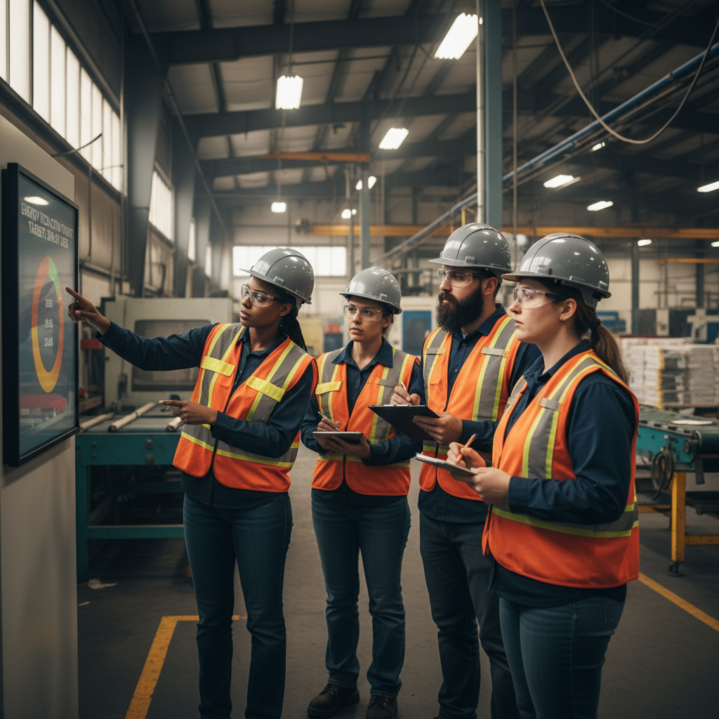 A team of Canadian manufacturing workers in safety vests and hard hats gathered around an energy efficiency display board on a factory floor, with one team member pointing to an energy reduction target chart while others take notes
