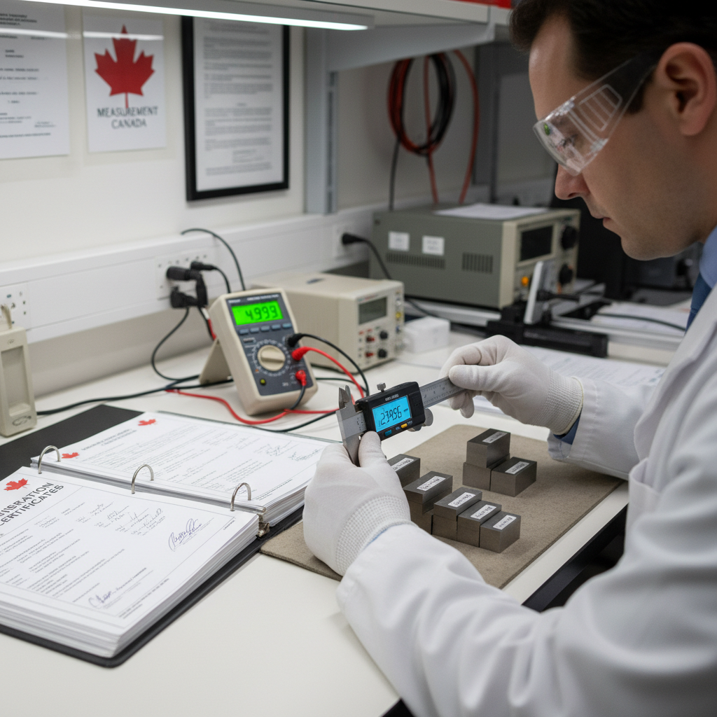 A close-up photograph of a calibration technician carefully adjusting a precision measurement instrument with digital readouts, reference standard blocks, and calibration certificates visible on the workbench in a Canadian metrology laboratory