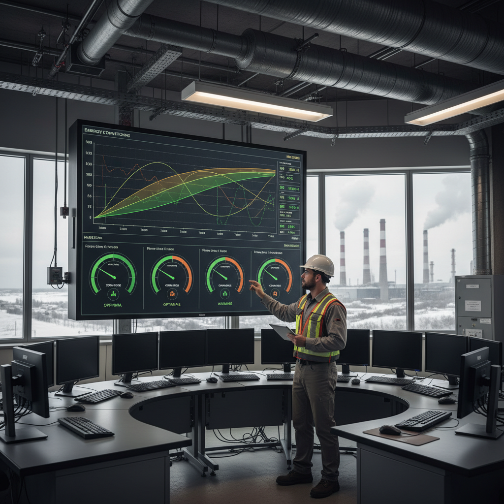 An industrial energy monitoring dashboard displayed on a large wall-mounted screen in a Canadian factory control room, showing real-time energy consumption graphs with green and amber indicators, with a plant engineer reviewing the data