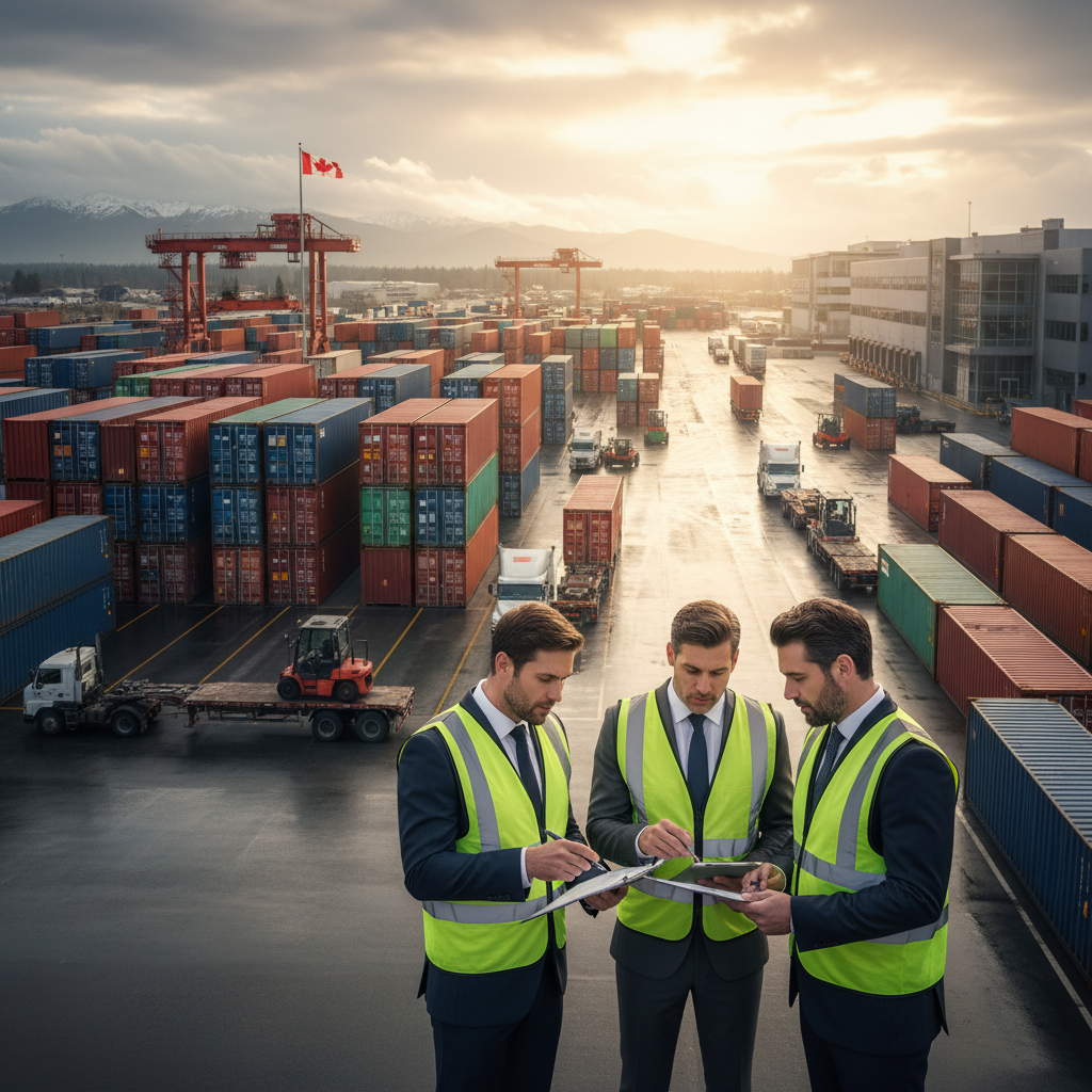 A supply chain logistics hub in Canada with shipping containers and managers discussing compliance paperwork, professional attire, overcast sky with warm directional light, photorealistic