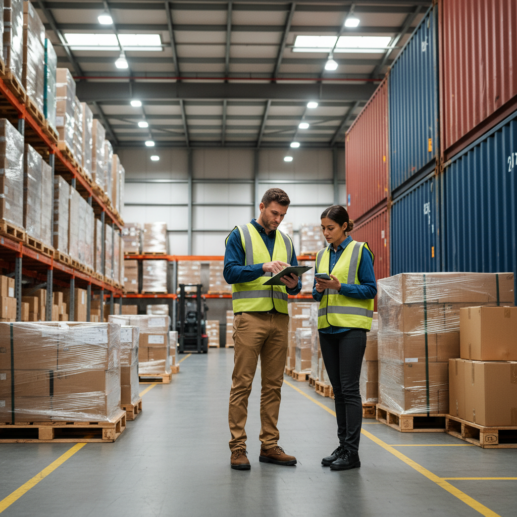 A warehouse manager reviewing shipping documents with stacked pallets and freight containers in the background — representing supply chain management and logistics oversight