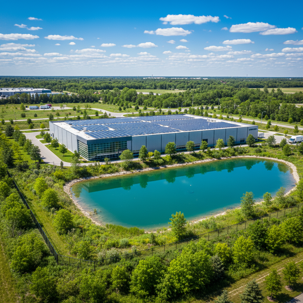 Sustainable Canadian industrial facility with solar panels and green buffer vegetation