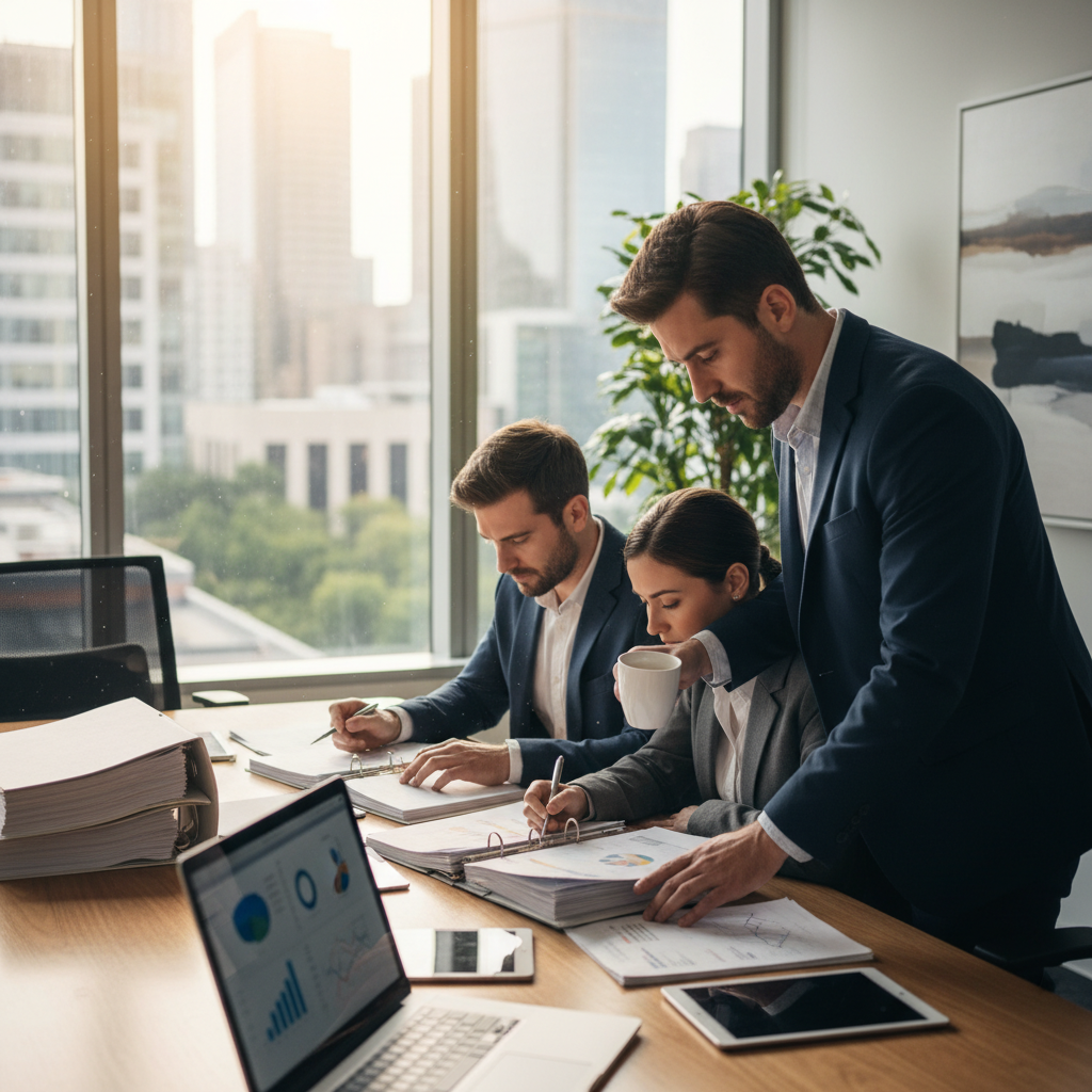 Environmental management consultant reviewing EMS documentation