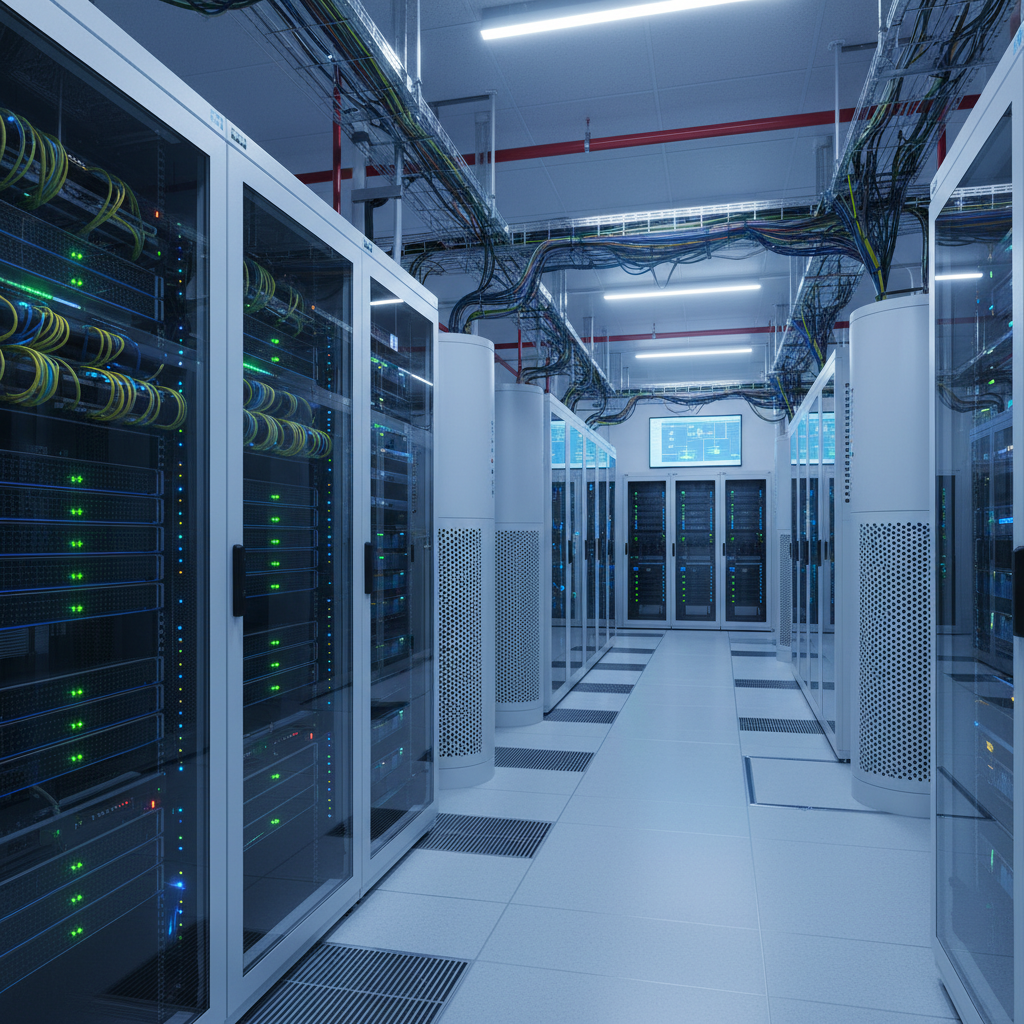 Photograph of a modern server room or IT infrastructure area in a manufacturing company with network equipment and storage systems, representing digital document management infrastructure