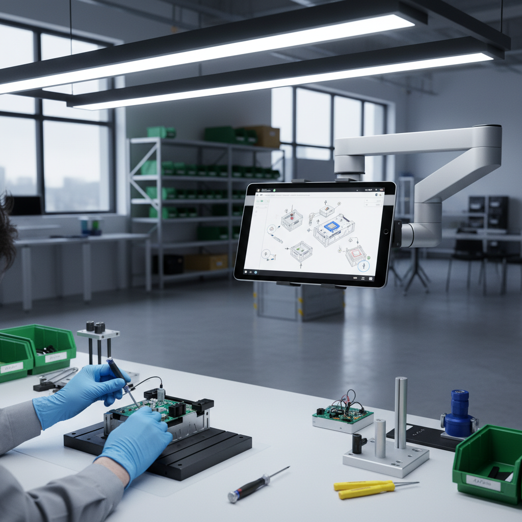 Photograph of a manufacturing workstation with a small tablet mounted on an arm showing a detailed work instruction diagram, operator's hands visible working on an assembly, professional lighting, clean modern factory environment.