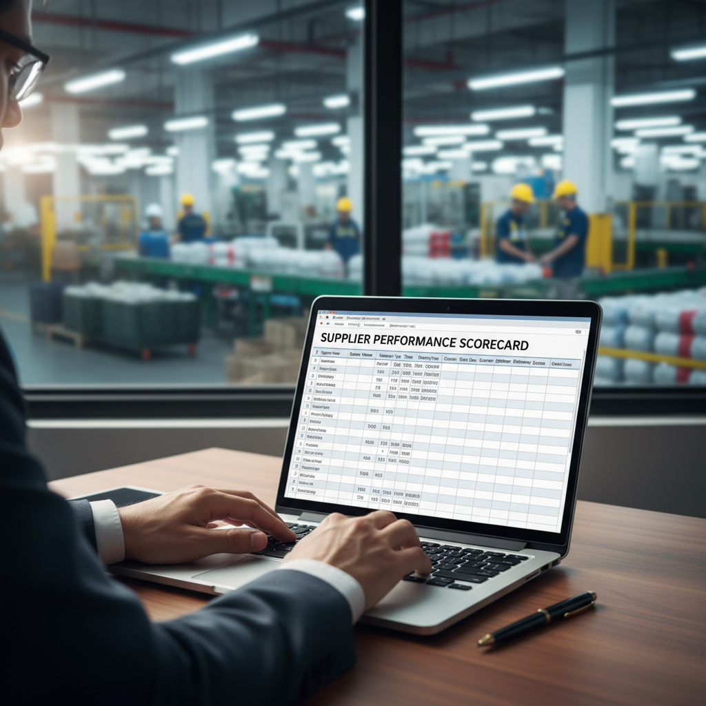 Close-up of a quality manager's hands working with a supplier scorecard spreadsheet on a laptop, with manufacturing floor visible through an office window behind them